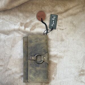 Myra Bag Olive Brown Distressed Leather Wallet with Ring Accent